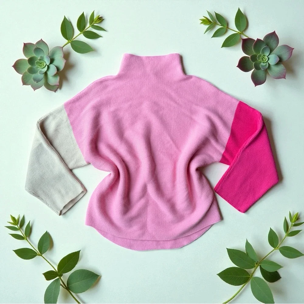 SOLD - THML Mock Turtleneck Ribbed Pink & White Color Block Pullover Sweater - Picture 1 of 6